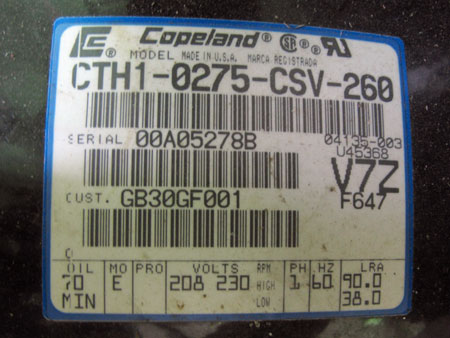 Copeland Two-Speed Compressor Tag