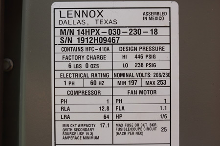 Lennox Air Conditioner Tag 2012